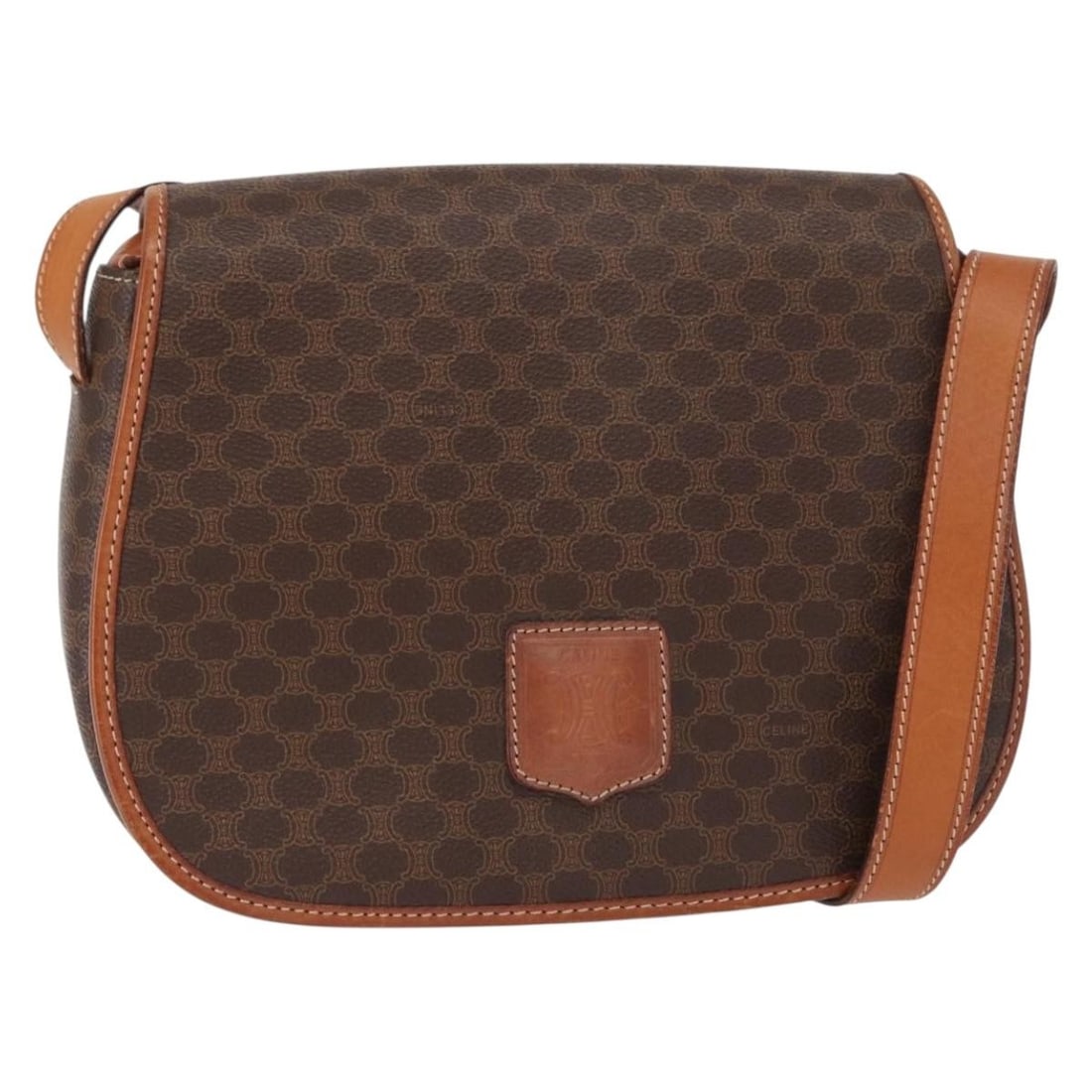 CELINE Macadam Shoulder Bag Brown PVC Leather Gold Tone: CELINE Macadam Shoulder Bag Brown PVC Leather Gold Tone Celine shoulder bag in brown Macadam canvas with PVC leather trim and gold-tone details. Made in Italy, this women's bag includes the item only;