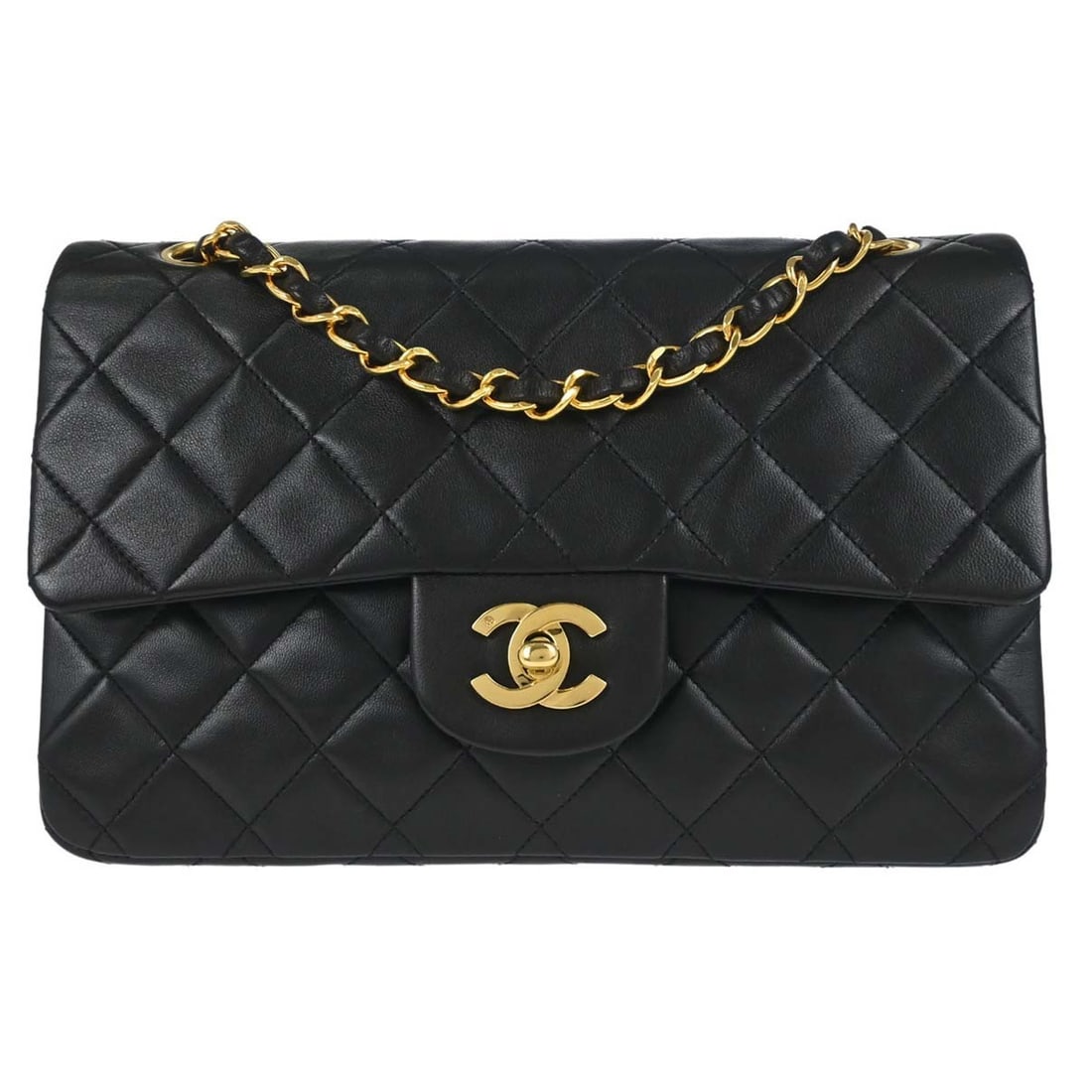 CHANEL Classic Double Flap Small Black Lambskin Shoulder Bag: CHANEL Classic Double Flap Small Black Lambskin Shoulder Bag Chanel Small Classic Double Flap shoulder bag in black lambskin with matelasse quilting, a flap turnlock closure, and chain shoulder strap.