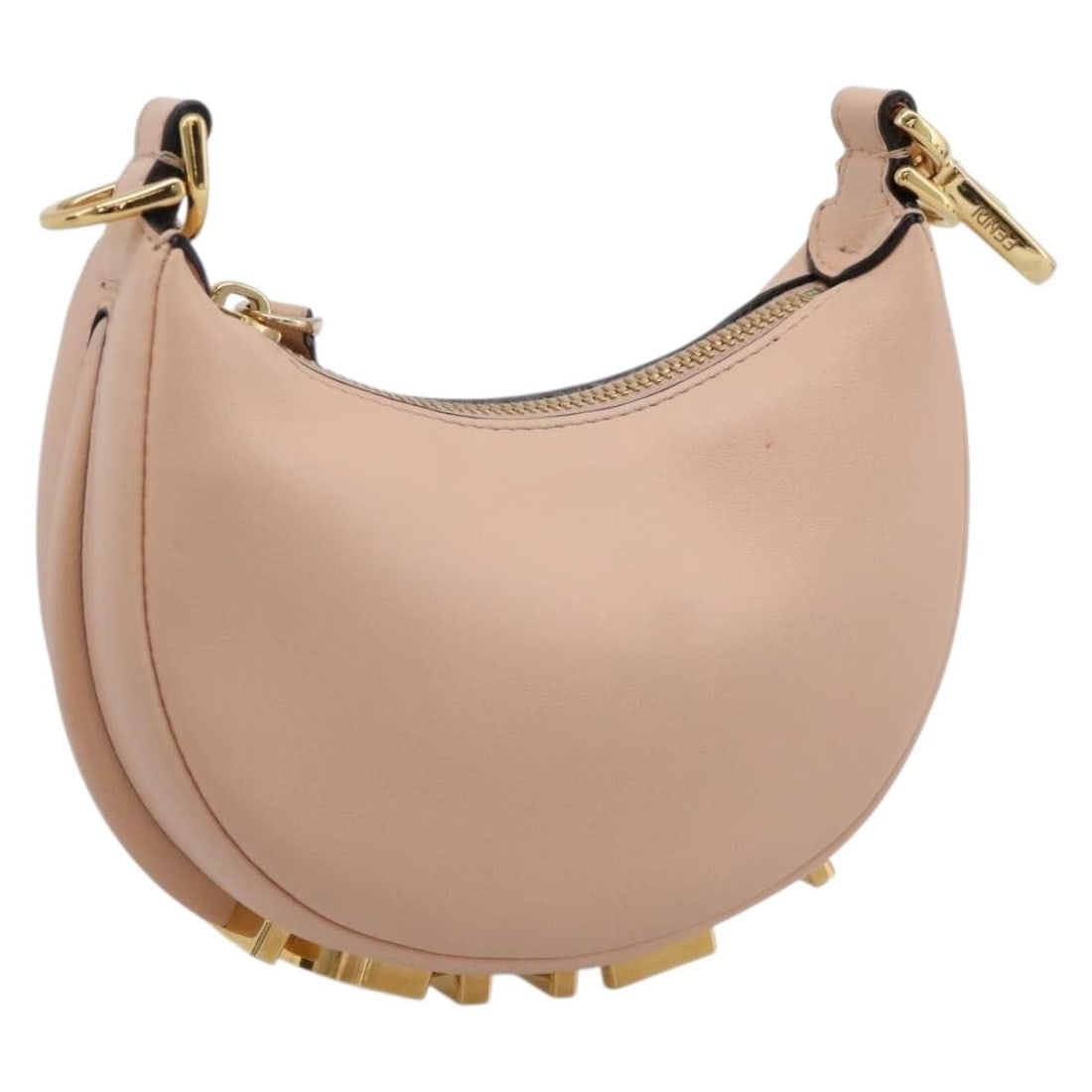 FENDI 7AS089 Nano Fendigraphy leather handbag pink gold tone: FENDI 7AS089 Nano Fendigraphy leather handbag pink gold tone Compact FENDI Nano Fendigraphy handbag in pink leather with gold tone accents. Made in Italy, this women's handbag shows reasonable wear an