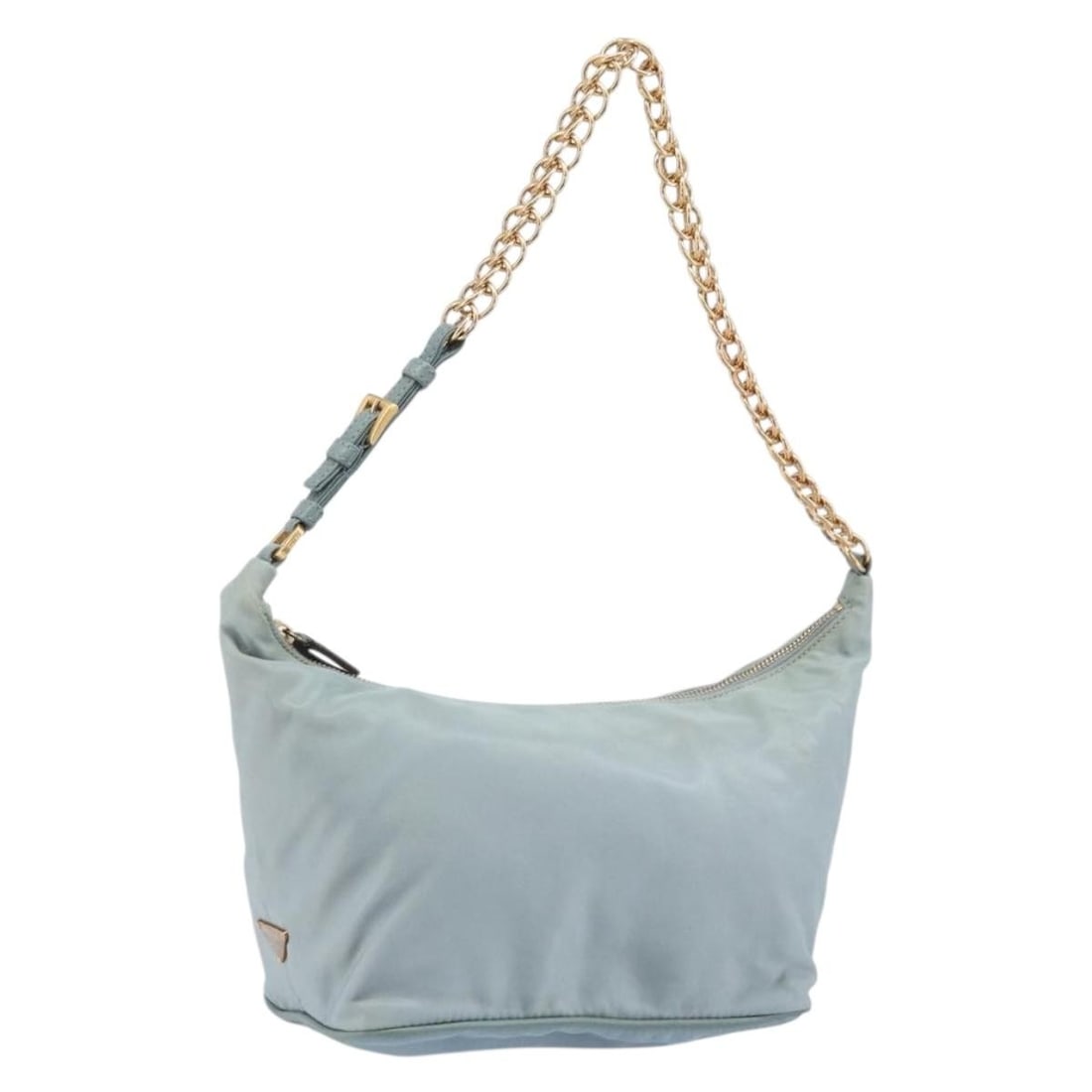 PRADA nylon shoulder bag light blue with gold tone chain: PRADA nylon shoulder bag light blue with gold tone chain Prada chain shoulder bag in light blue nylon with gold-tone accents. Made in Italy, this women's shoulder bag includes a dust bag. Condition is