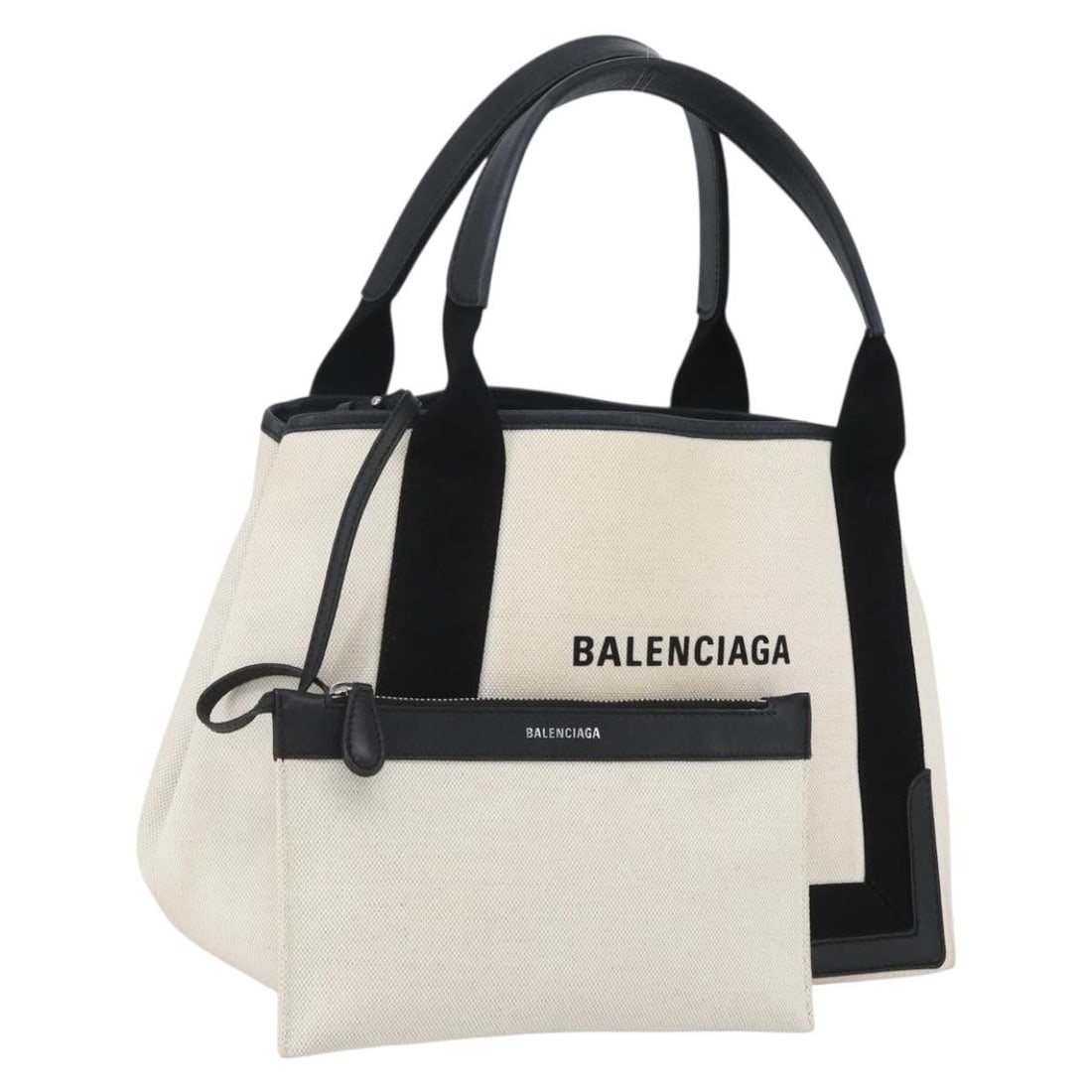 Balenciaga Navy Canvas Kabas M Handbag in White Black Silver with Pouch: Balenciaga Navy Canvas Kabas M Handbag in White Black Silver with Pouch This Balenciaga Navy Kabas M handbag is crafted from canvas in a white, black, and silver color scheme. The bag features a spaci