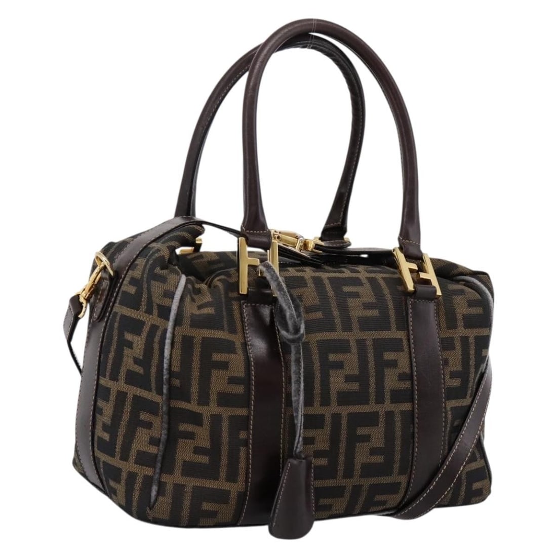 FENDI Zucca Canvas 2way Hand Bag Brown Gold with Strap: FENDI Zucca Canvas 2way Hand Bag Brown Gold with Strap Fendi 2-way handbag in brown and gold Zucca canvas, designed for women and made in Italy. Includes one key, clochette, and shoulder strap. Condit