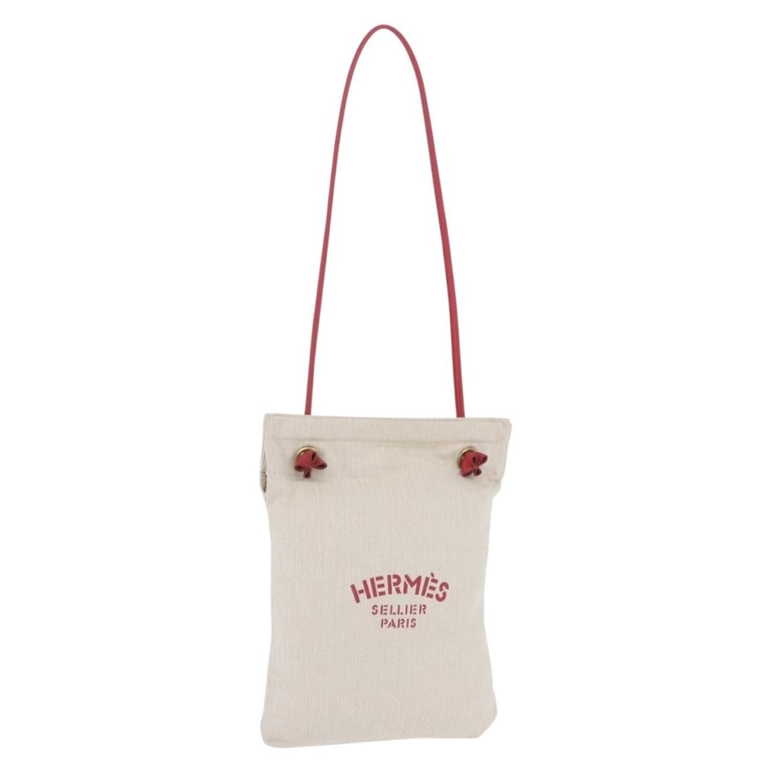 Hermes Aline PM canvas shoulder bag in beige and red: Hermes Aline PM canvas shoulder bag in beige and red Hermes Aline PM shoulder bag in beige and red canvas, made in France. This women's bag is a heavily used piece with visible wear consistent with us