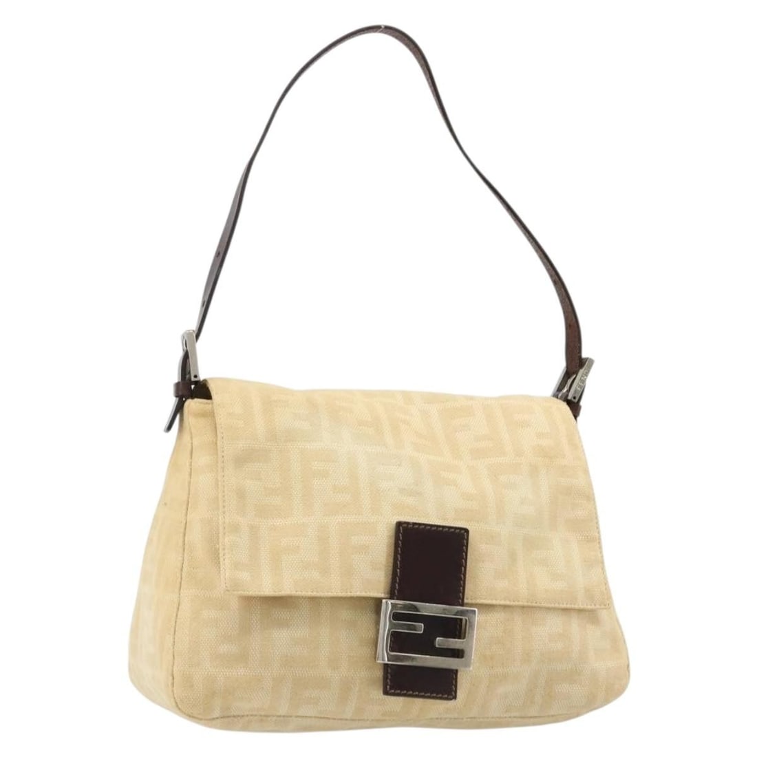 FENDI Mamma Baguette Shoulder Bag in Beige Silver Zucca Canvas: FENDI Mamma Baguette Shoulder Bag in Beige Silver Zucca Canvas Fendi Mamma Baguette shoulder bag in beige and silver Zucca canvas. This women's bag is made in Italy and features an adjustable shoulder