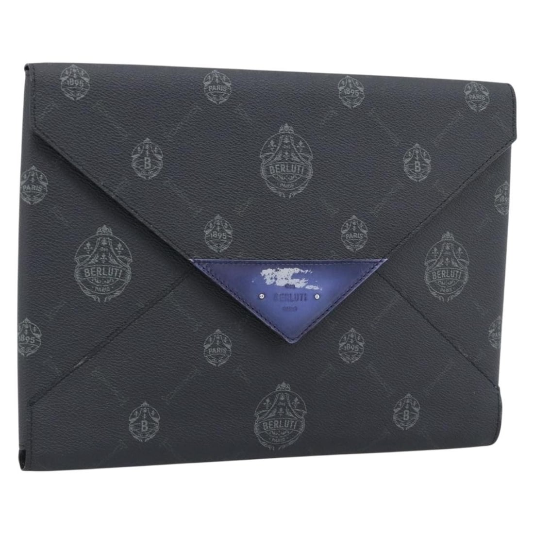 Berluti PVC Leather Clutch Bag Black Silver with Dust Bag: Berluti PVC Leather Clutch Bag Black Silver with Dust Bag Authentic Berluti clutch bag in black and silver PVC leather. This women's clutch includes a dust bag and is made in Italy. The bag shows heav
