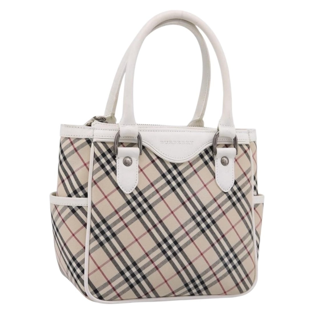 BURBERRY beige canvas handbag with silver tone Nova Check: BURBERRY beige canvas handbag with silver tone Nova Check Burberry Nova Check handbag in beige and silver canvas for women. This authentic handbag has a customized repainted finish and shows heavy use