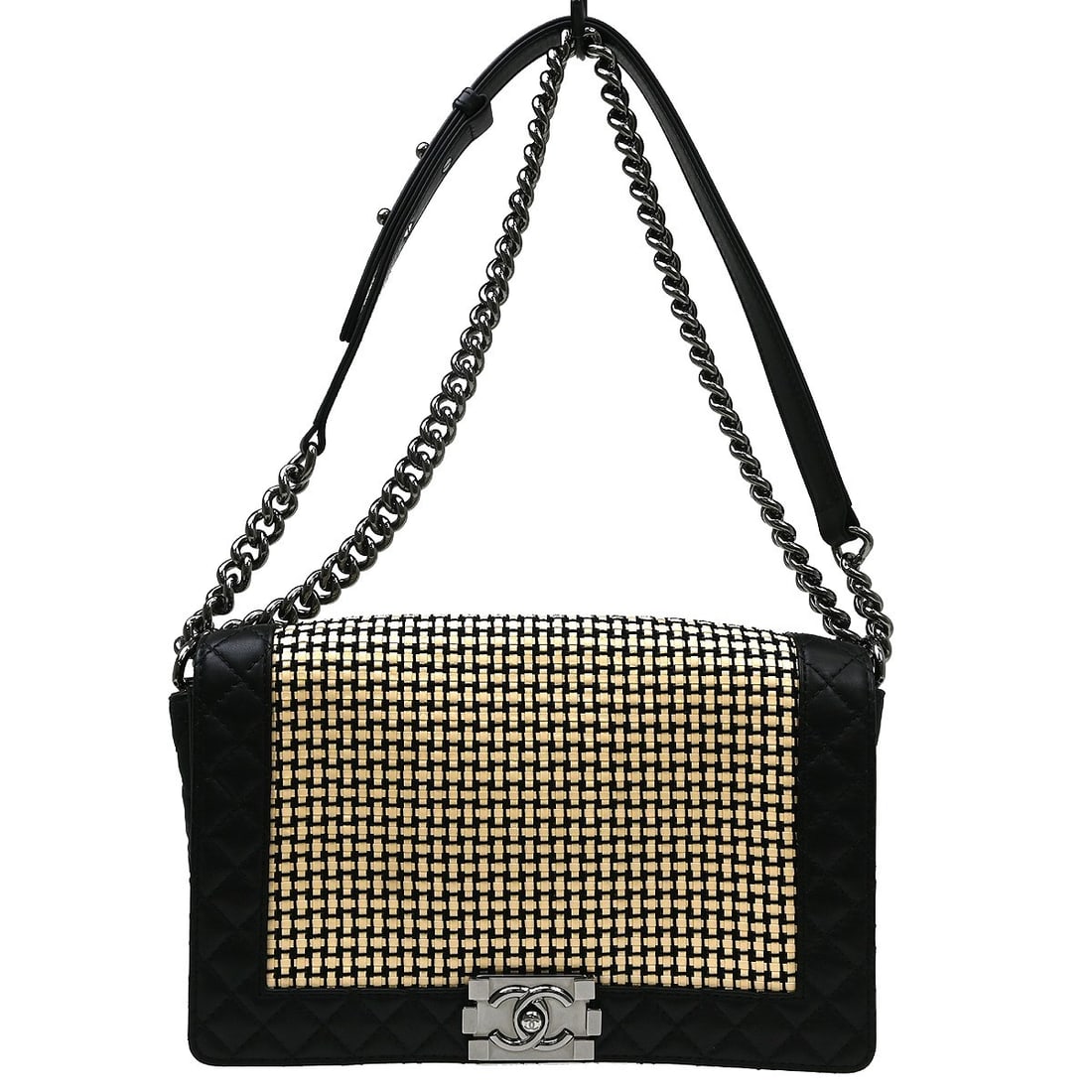 Chanel Reverso Boy Flap Black Leather Handbag 28cm: Chanel Reverso Boy Flap Black Leather Handbag 28cm Chanel Reverso Boy Flap bag in black leather with a woven design. This piece is made in Italy and remains in good overall condition, with minor signs