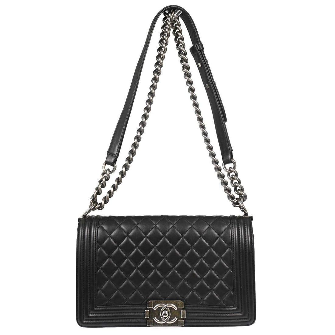 CHANEL Boy Medium Shoulder Bag Black Lambskin Chain Strap: CHANEL Boy Medium Shoulder Bag Black Lambskin Chain Strap Vintage Chanel Boy Medium shoulder bag in black lambskin with a push-lock closure, quilted accents, and silver-tone hardware. Designed with a 