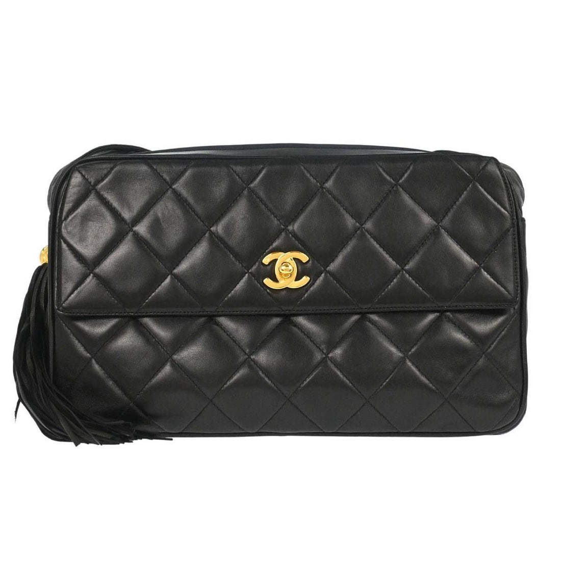 CHANEL Single Chain Shoulder Bag black lambskin large: CHANEL Single Chain Shoulder Bag black lambskin large Large Chanel camera bag in black lambskin with a zip closure and single chain crossbody strap. This women's shoulder bag features a leather lining