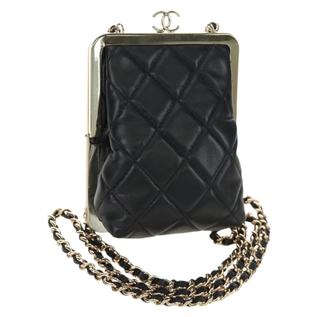 CHANEL Matelasse Lamb Skin Shoulder Bag Black Gold with Box Card: CHANEL Matelasse Lamb Skin Shoulder Bag Black Gold with Box Card Chanel matelasse chain shoulder bag in black lamb skin with gold-tone CC detailing. Includes the item box and guarantee card. Condition