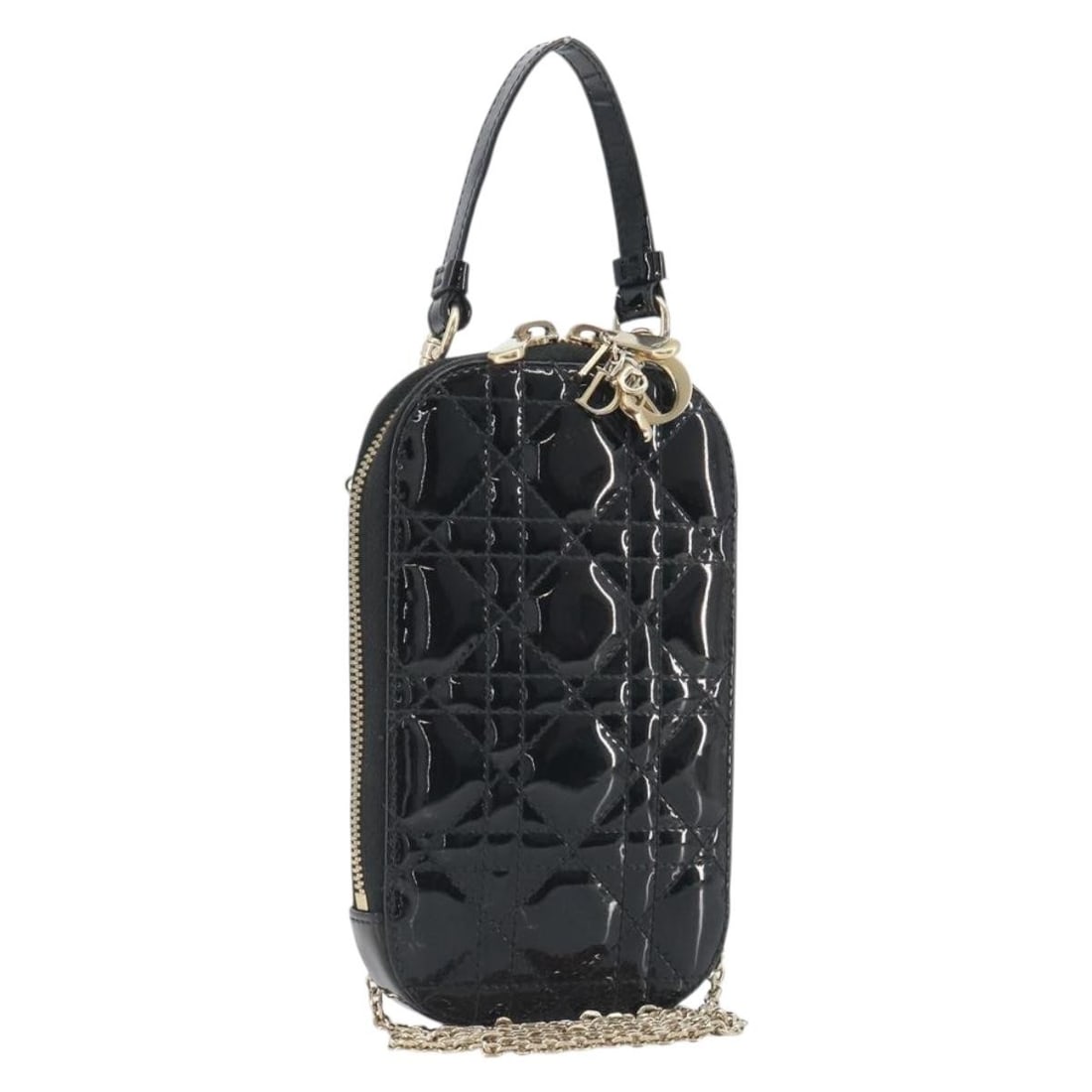 Christian Dior Cannage patent shoulder phone bag black: Christian Dior Cannage patent shoulder phone bag black Christian Dior Cannage phone holder chain shoulder bag in black enamel with gold-tone accents. Made in Italy, this women's shoulder bag includes 