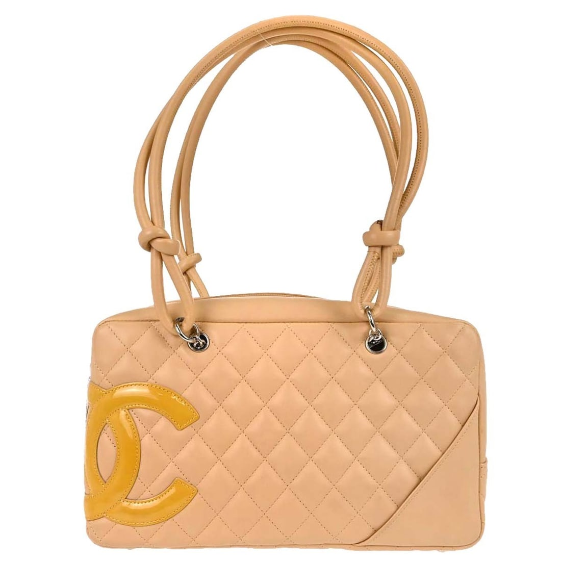 CHANEL Cambon Ligne Beige Calfskin Bowling Handbag: CHANEL Cambon Ligne Beige Calfskin Bowling Handbag Chanel Cambon Ligne Bowling Bag 27 in beige calfskin leather with black double handles and signature quilted logo accents. This women's top handle ba