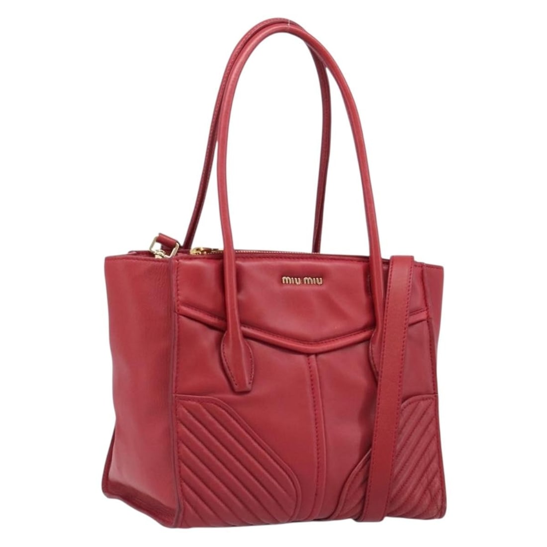 Miu Miu Leather 2way Tote Bag Red with Shoulder Strap: Miu Miu Leather 2way Tote Bag Red with Shoulder Strap Miu Miu 2-way tote bag in red leather with gold-tone accents. Designed for women, this bag includes both top handles and a shoulder strap for vers