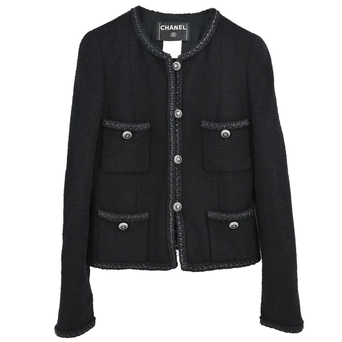 CHANEL Little Black Line collarless wool blend jacket FR 36: CHANEL Little Black Line collarless wool blend jacket FR 36 Vintage Chanel Little Black Line collarless single-breasted jacket in black. This mid-length women's jacket features long sleeves, button ac
