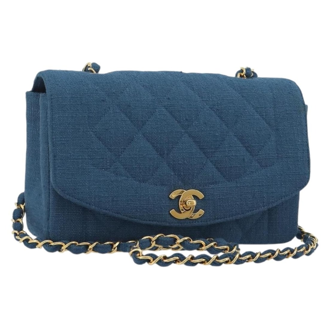 CHANEL Matelasse Canvas Shoulder Bag Blue with Gold CC: CHANEL Matelasse Canvas Shoulder Bag Blue with Gold CC Chanel Matelasse chain shoulder bag in blue canvas with gold-tone CC detailing. Made in France, this women's shoulder bag includes a dust bag and