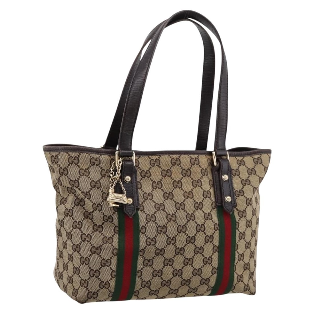 Gucci 137396 GG Canvas Tote Bag Beige Gold with Dust Bag Charm: Gucci 137396 GG Canvas Tote Bag Beige Gold with Dust Bag Charm Gucci tote bag in beige and gold GG canvas with web Sherry line styling. Includes a dust bag and charm. This heavily used bag shows overa