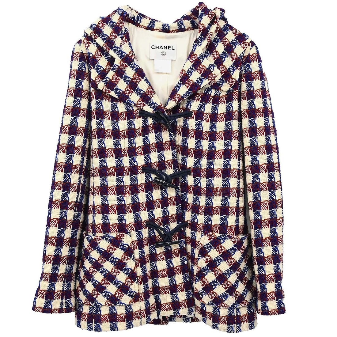 Chanel Vintage Hooded Wool Pea Coat Ivory FR 38: Chanel Vintage Hooded Wool Pea Coat Ivory FR 38 Vintage Chanel hooded long coat in off-white wool with red and blue accents and logo detailing. Designed with a regular fit, long sleeves, and two exter
