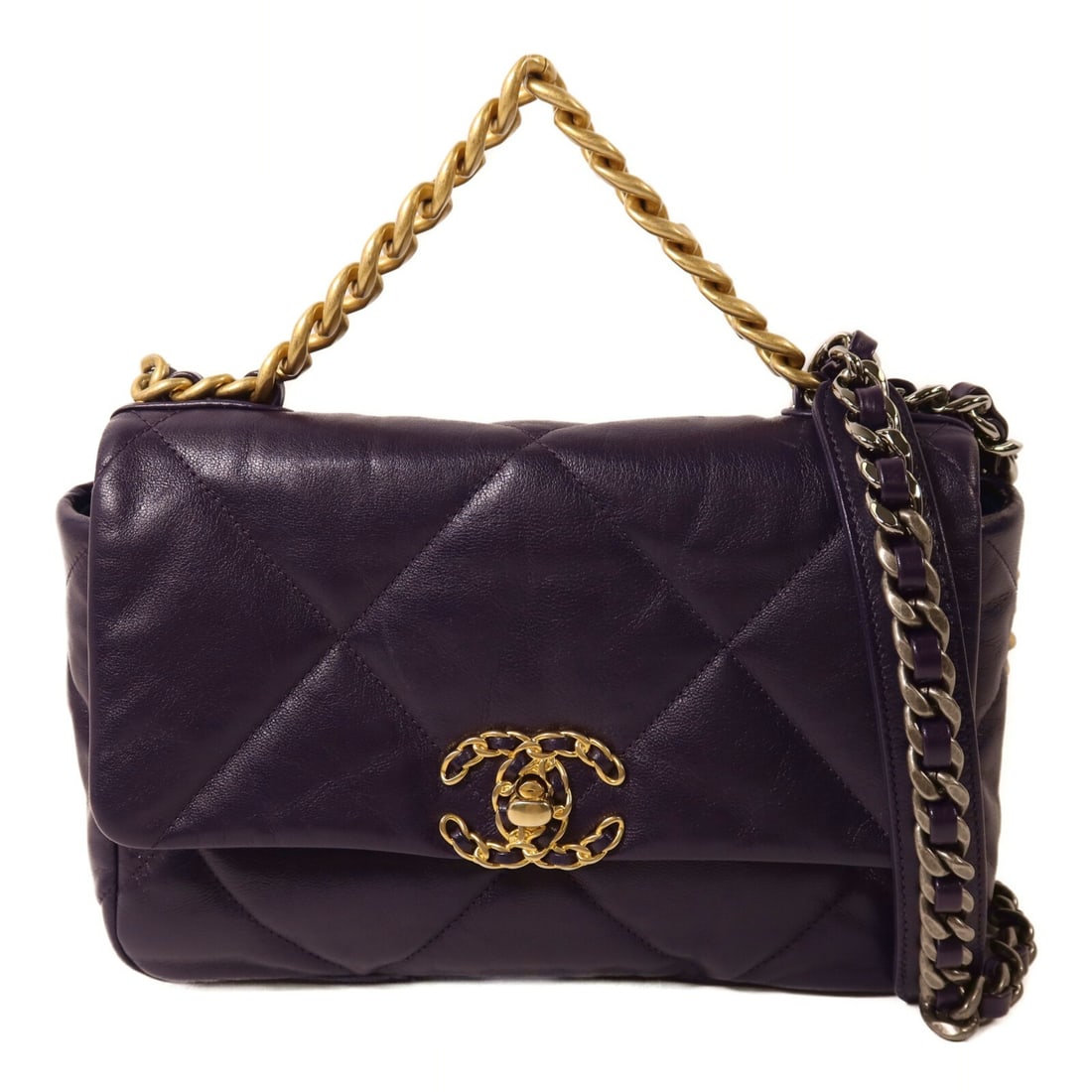 CHANEL AS1160 C19 Small Lambskin 2 Way Shoulder Bag Purple: CHANEL AS1160 C19 Small Lambskin 2 Way Shoulder Bag Purple A CHANEL CC C19 Small 2 Way Shoulder Bag in purple lambskin (sheep leather), made in France with country of origin Italy. The bag is a regula
