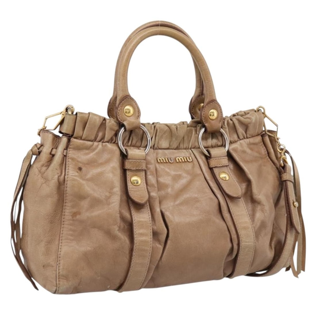 Miu Miu Brown Leather 2way Handbag with Shoulder Strap: Miu Miu Brown Leather 2way Handbag with Shoulder Strap Miu Miu Vitellolux 2-way handbag in brown leather with gold-tone accents. This women's bag includes a shoulder strap and can be carried by hand o