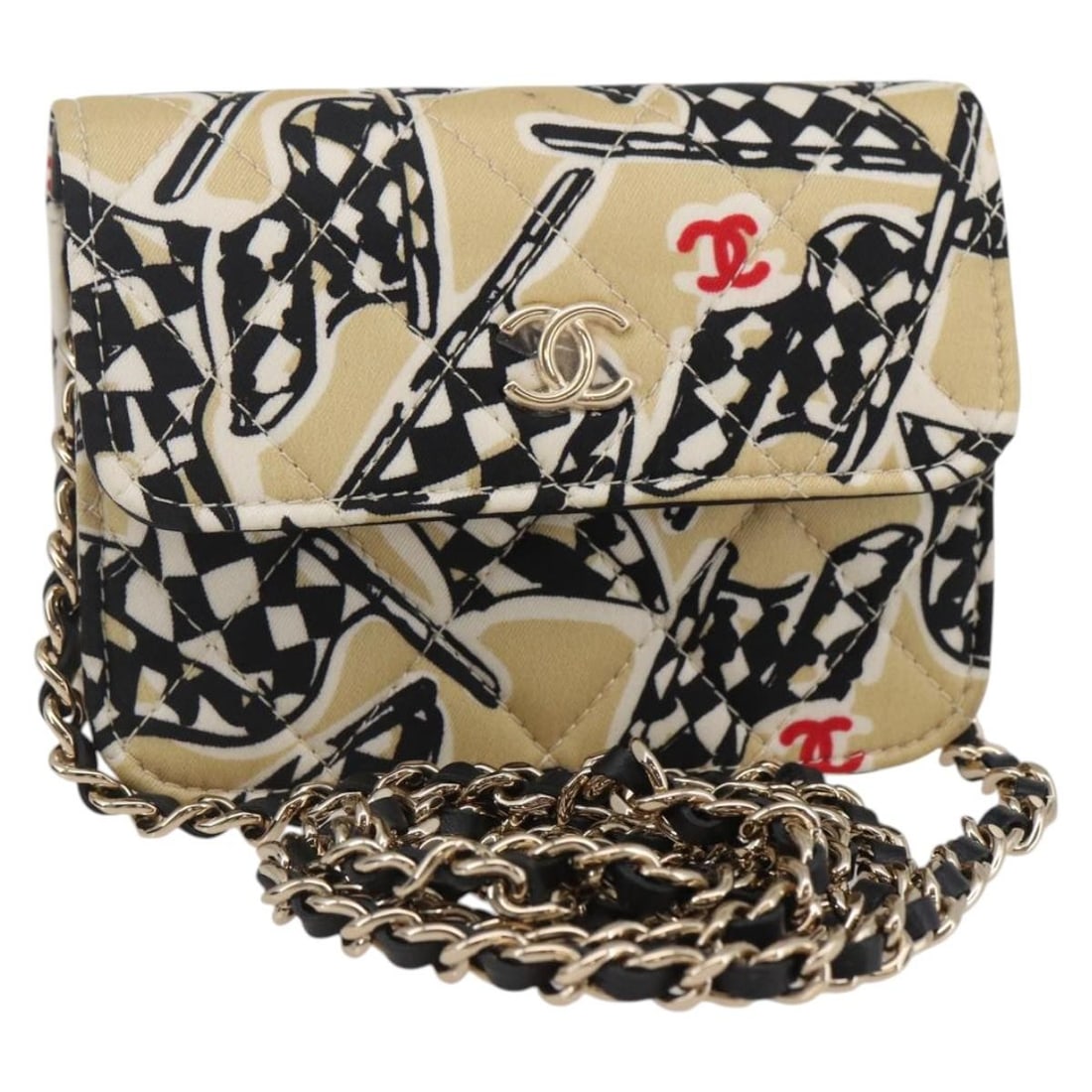 Chanel checkered nylon shoulder pouch with chain strap beige gold: Chanel checkered nylon shoulder pouch with chain strap beige gold A CHANEL shoulder pouch in beige and gold nylon, made in Italy. It features a checkered flag matelasse design and comes with a dust ba