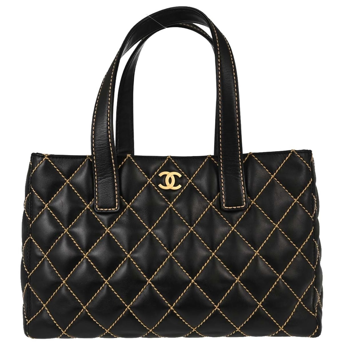 CHANEL Wild Stitch Black Calfskin Tote Bag with Pouch: CHANEL Wild Stitch Black Calfskin Tote Bag with Pouch Chanel Wild Stitch tote handbag in black calfskin leather with a quilted design and turn-lock closure. This medium women's handbag features top ha