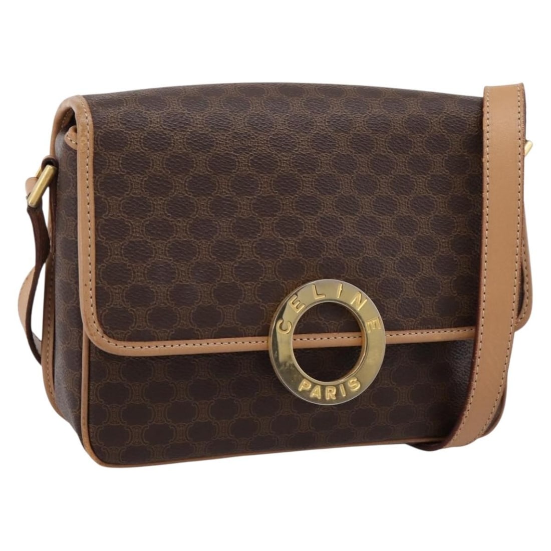 CELINE Macadam Circle Shoulder Bag Brown PVC Leather Gold Tone: CELINE Macadam Circle Shoulder Bag Brown PVC Leather Gold Tone Celine circle shoulder bag in brown Macadam canvas with PVC leather trim and gold-tone accents. Made in Italy, this women's shoulder bag 