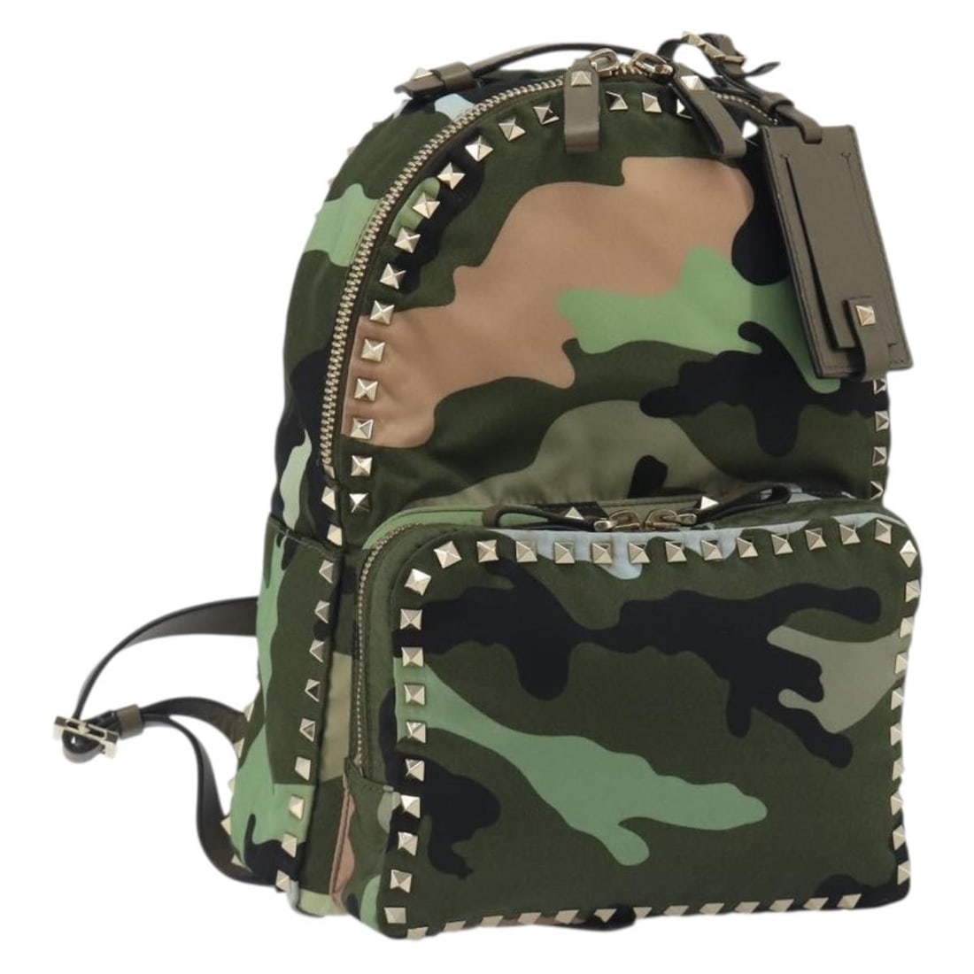VALENTINO Nylon Backpack Khaki Gold Camouflage Name Tag: VALENTINO Nylon Backpack Khaki Gold Camouflage Name Tag Valentino nylon backpack in a khaki, gold, and camouflage colorway. Made in Italy, this women's backpack includes a name tag accessory. Conditio