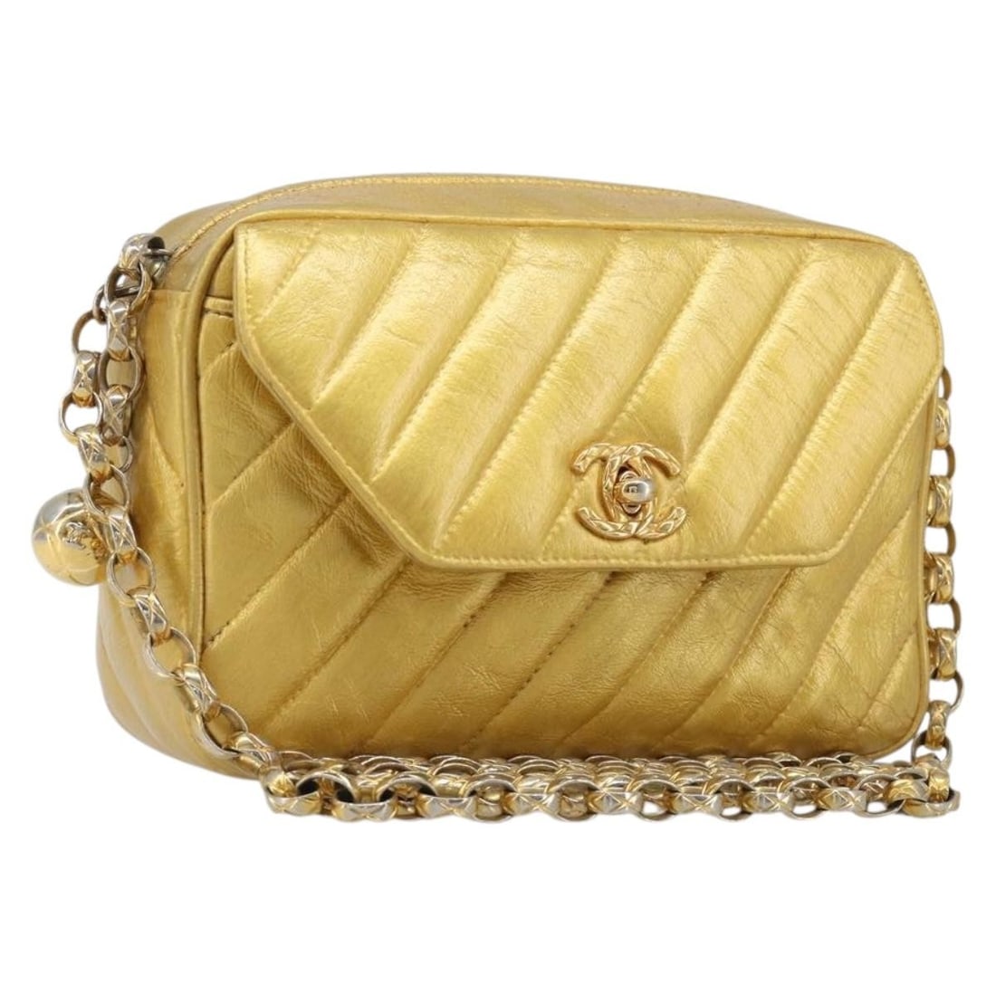 CHANEL CC Leather Shoulder Bag Gold Chain Strap with Guarantee Card: CHANEL CC Leather Shoulder Bag Gold Chain Strap with Guarantee Card Chanel chain shoulder bag in gold leather with CC detailing. This women's shoulder bag includes a guarantee card and has been repain