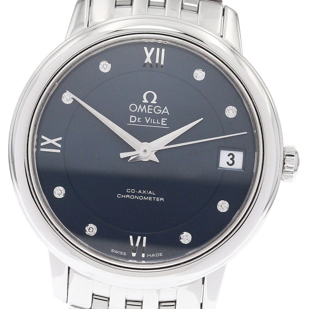 Omega De Ville Prestige 424.10.33.20.53.001 Ladies Diamond Date Watch: Omega De Ville Prestige 424.10.33.20.53.001 Ladies Diamond Date Watch OMEGA De Ville Prestige women's wristwatch with a navy dial, automatic movement, and date display. This stainless steel watch show