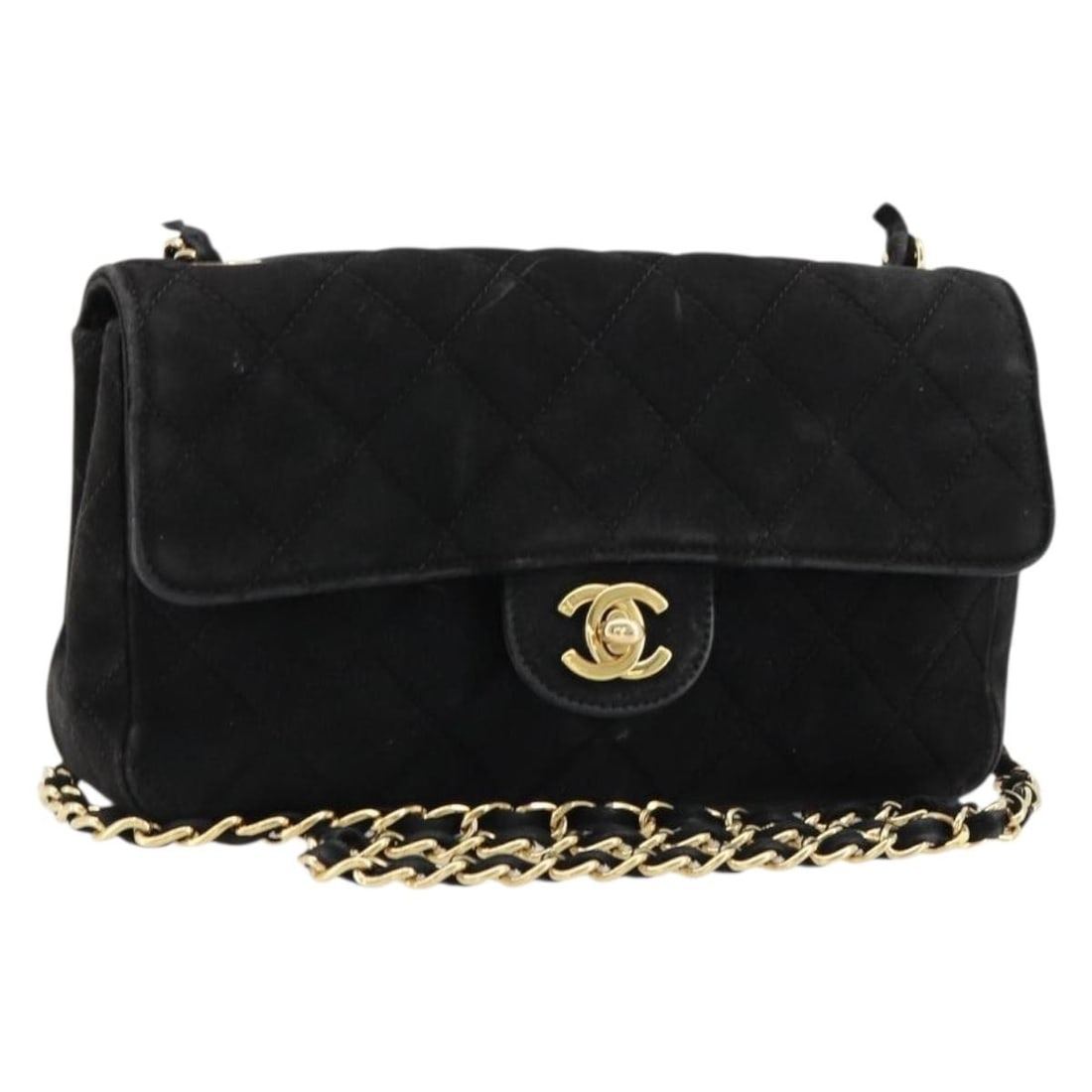 CHANEL Matelasse 20 Suede Shoulder Bag Black Gold CC: CHANEL Matelasse 20 Suede Shoulder Bag Black Gold CC Chanel Matelasse 20 chain shoulder bag in black suede with gold-tone CC detailing. Made in France, this women's shoulder bag is offered without the