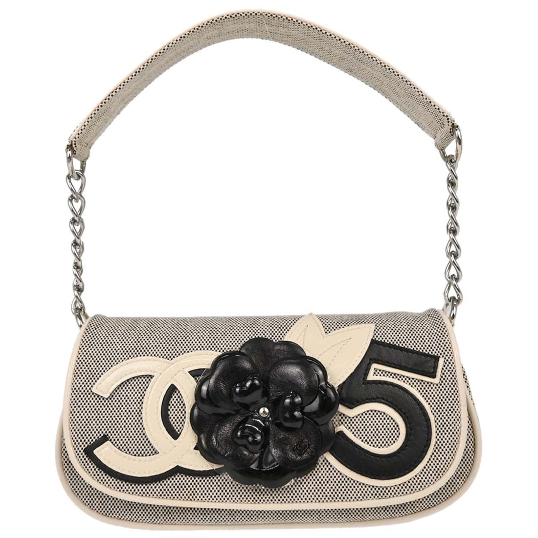 CHANEL Camellia No.5 CC top handle bag black white canvas: CHANEL Camellia No.5 CC top handle bag black white canvas Small Chanel top handle handbag in black and white with CC logo and Camellia No. 5 styling. Crafted from canvas with lambskin and patent leath