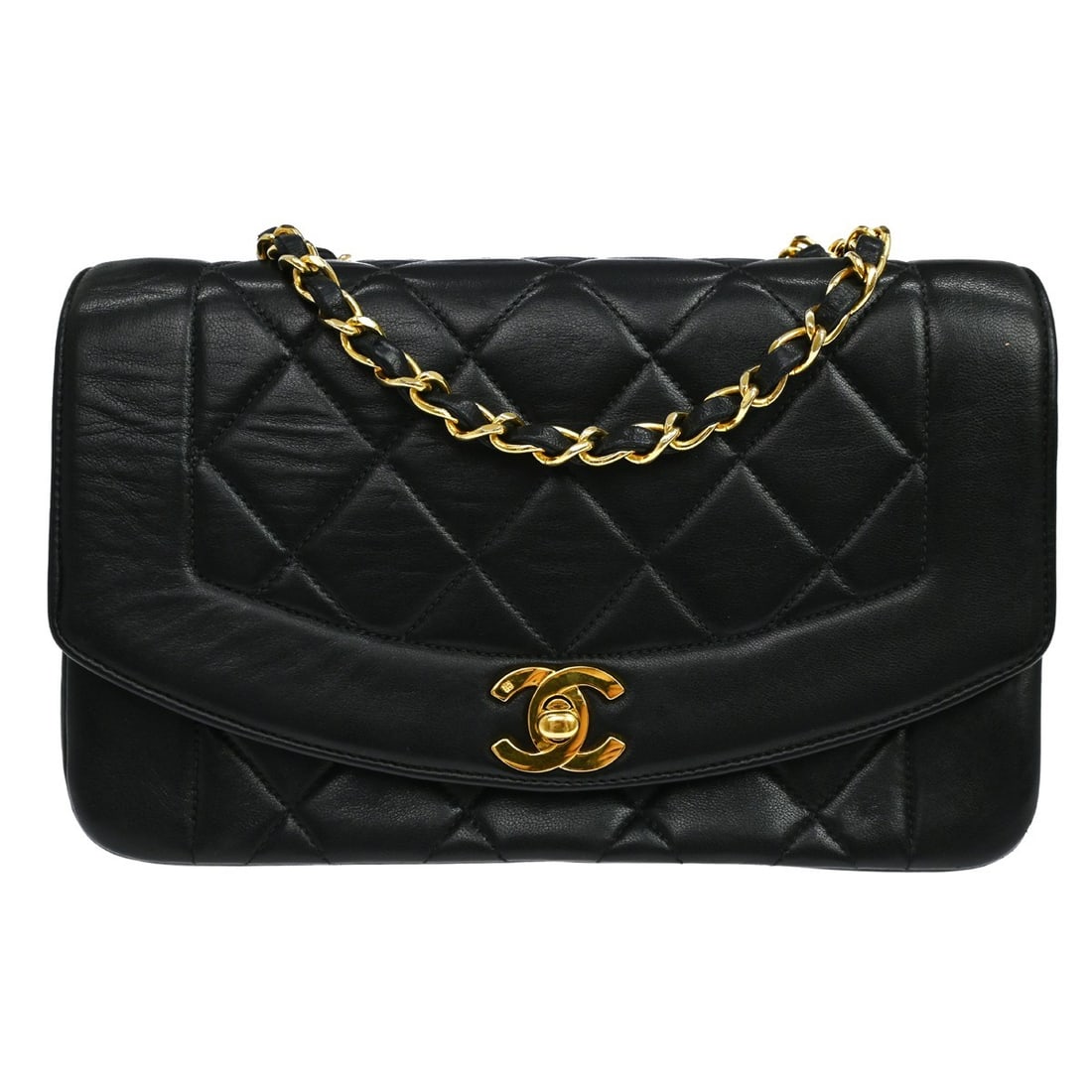 CHANEL Small Diana black lambskin shoulder bag with CC turnlock: CHANEL Small Diana black lambskin shoulder bag with CC turnlock Vintage Chanel Small Diana shoulder bag in black lambskin leather with a quilted matelasse design and signature CC turnlock flap closure