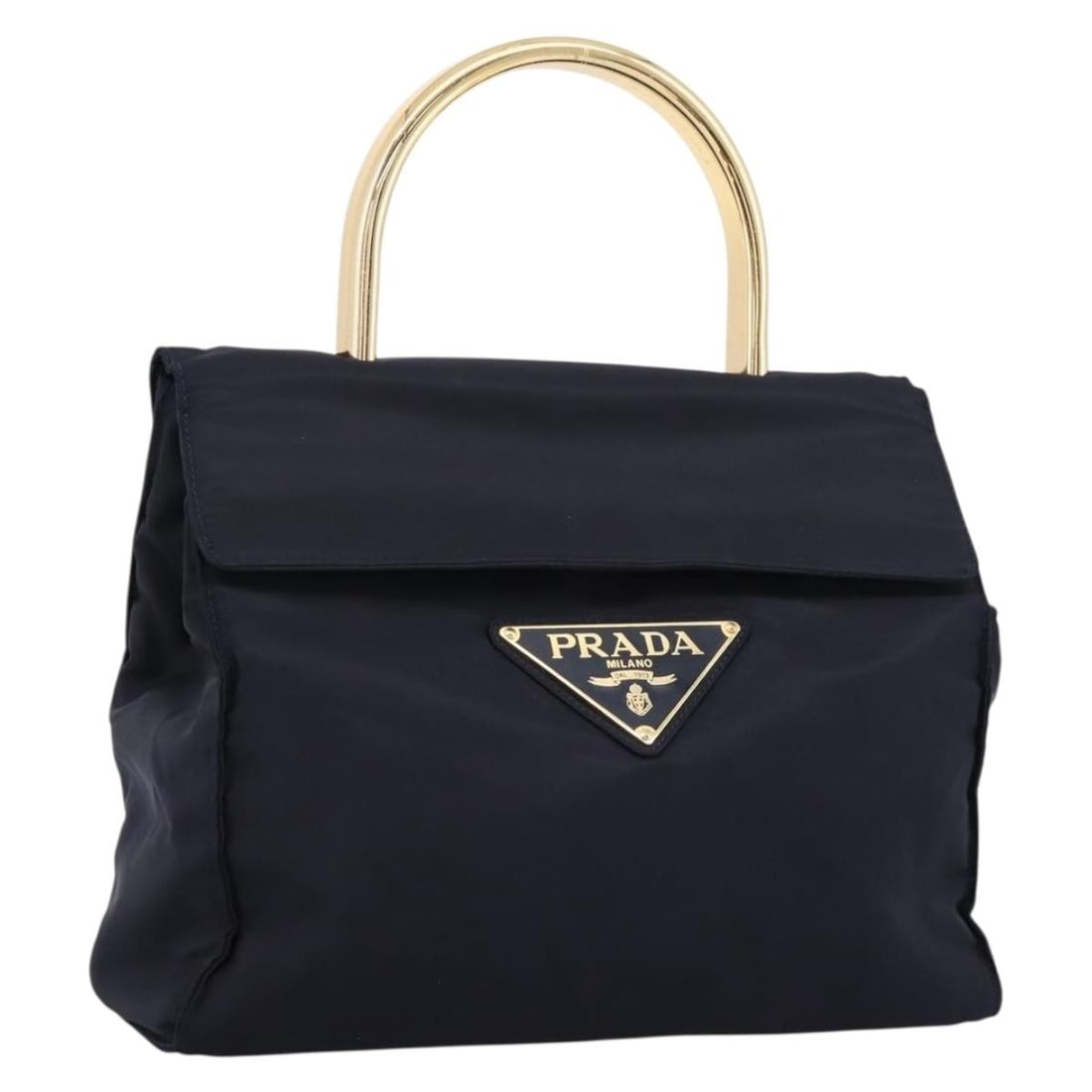 PRADA Navy Nylon Hand Bag Gold Tone Hardware Italy: PRADA Navy Nylon Hand Bag Gold Tone Hardware Italy Prada Pocono handbag in navy nylon with gold-tone accents, made in Italy. This women's handbag is offered without the original box or dust bag; only 