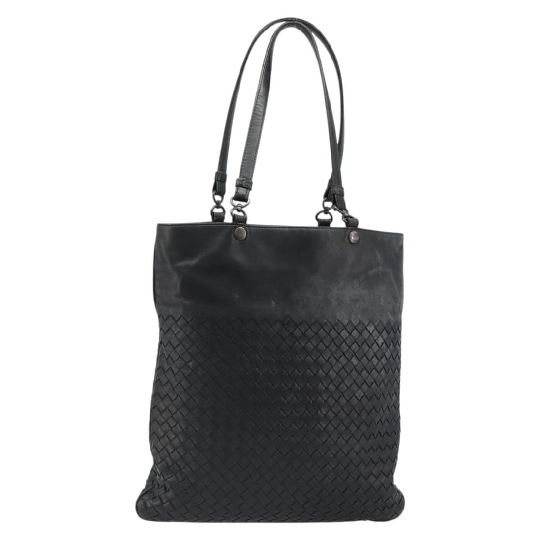 Black Leather Intrecciato Tote Bag Bottega Veneta with Dust Bag: Black Leather Intrecciato Tote Bag Bottega Veneta with Dust Bag Bottega Veneta Intrecciato tote bag in black leather, made in Italy. This women's tote bag comes with a dust bag and features a handle d