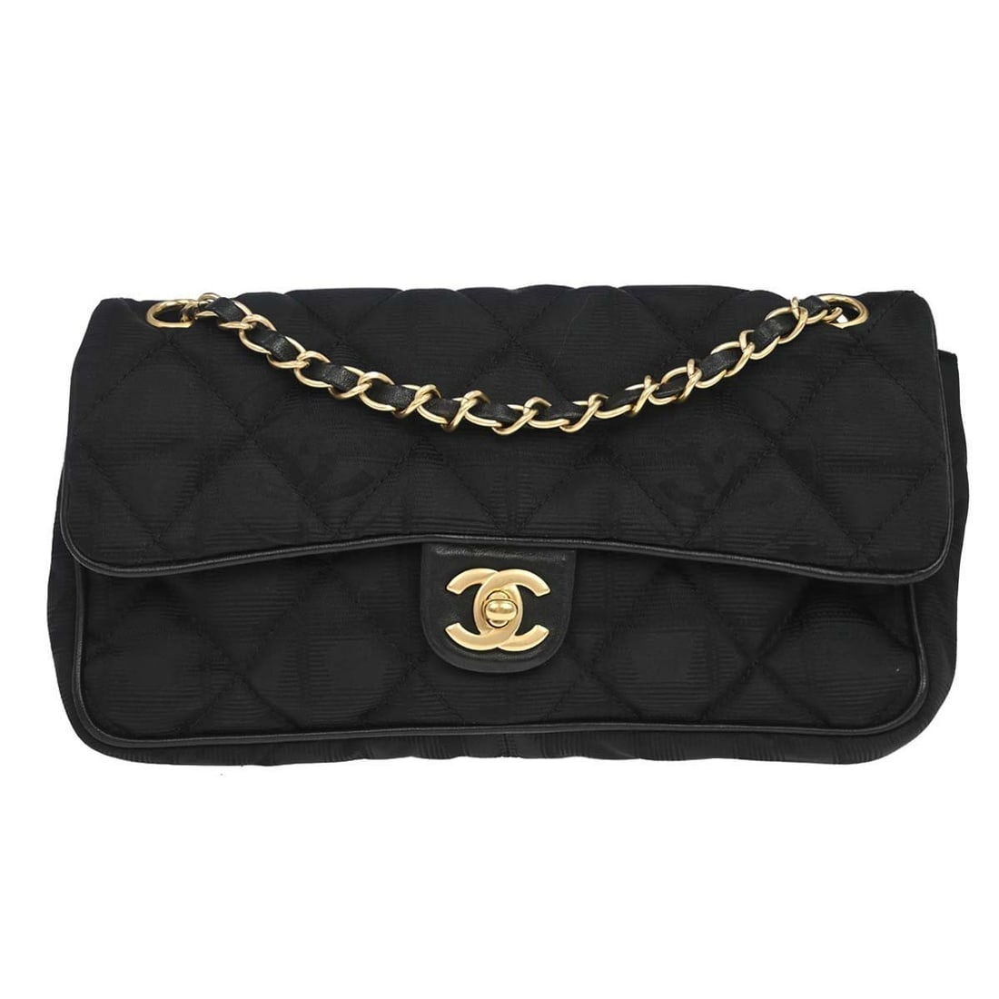 CHANEL Travel Line Black Jacquard Nylon Shoulder Bag: CHANEL Travel Line Black Jacquard Nylon Shoulder Bag Chanel Travel Line shoulder bag in black jacquard nylon with a turn-lock closure and medium profile. This women's shoulder bag features an exterior