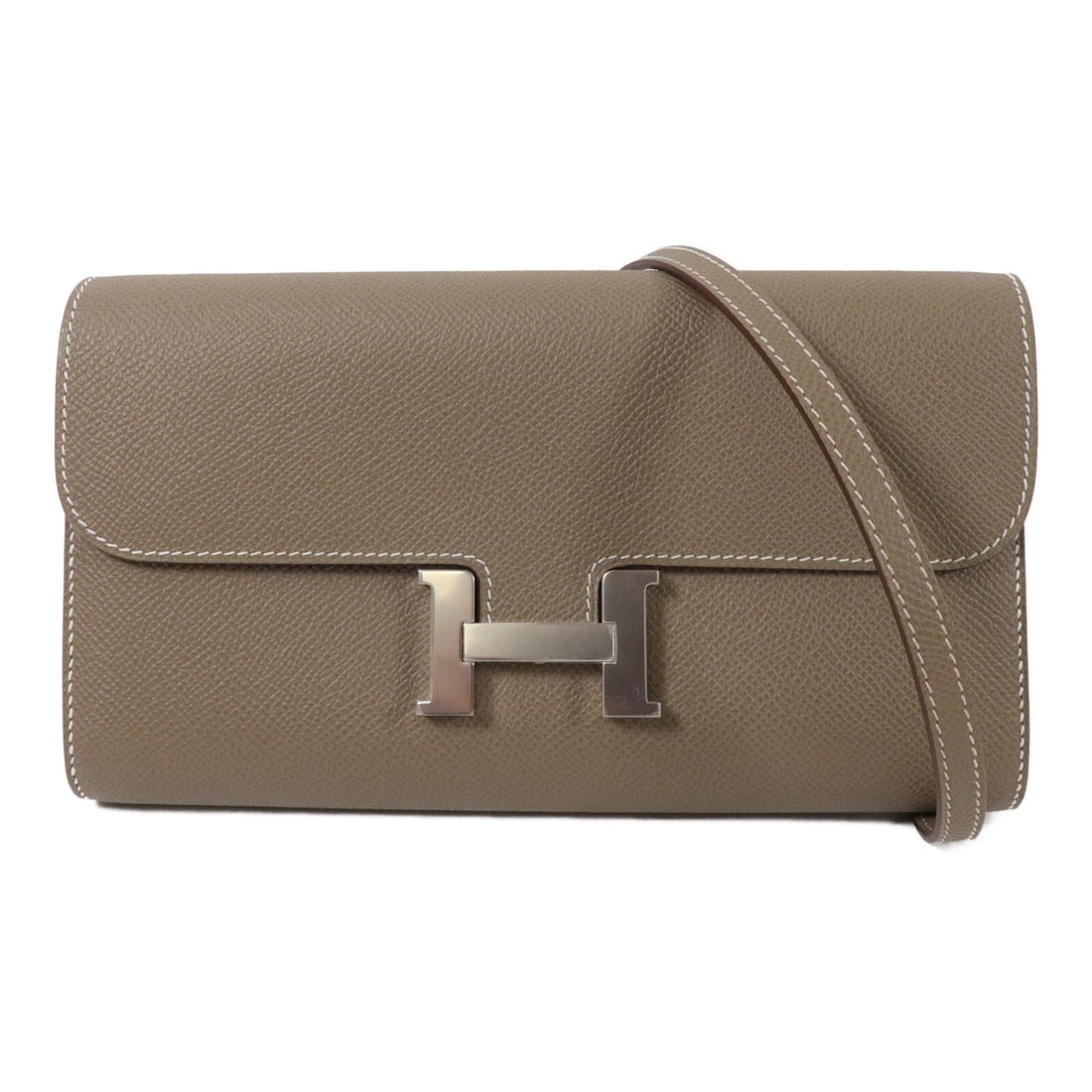 Hermes Constance To Go Epsom Calfskin Shoulder Bag Etoupe PHW: Hermes Constance To Go Epsom Calfskin Shoulder Bag Etoupe PHW Hermes Constance To Go shoulder bag in Etoupe Veau Epsom leather with palladium-tone hardware. This women's bag features a flap design wit