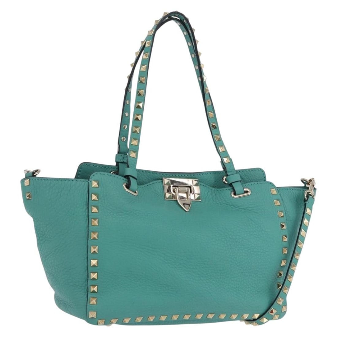 VALENTINO Leather 2way Tote Bag Turquoise Blue Gold Italy: VALENTINO Leather 2way Tote Bag Turquoise Blue Gold Italy Valentino 2-way tote bag in turquoise blue leather with gold-tone stud detailing. Made in Italy, this women's bag includes a shoulder strap an