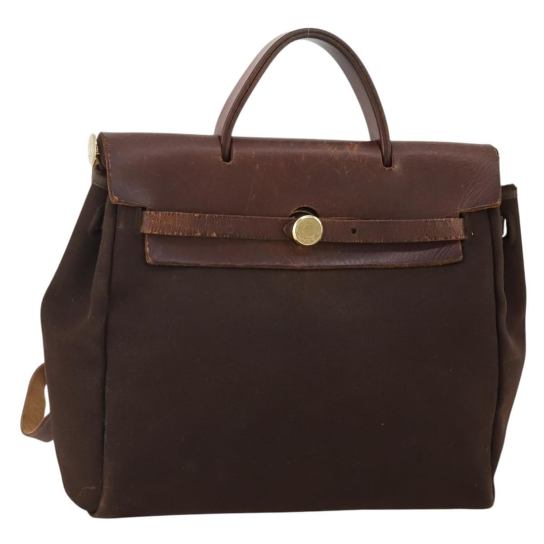 Hermes Herbag Ad Canvas 2way Backpack Brown Gold Tone Padlock: Hermes Herbag Ad Canvas 2way Backpack Brown Gold Tone Padlock Authentic Hermes Herbag Ad 2-way backpack in brown canvas with gold-tone accents. Made in France, this women's backpack includes a padlock