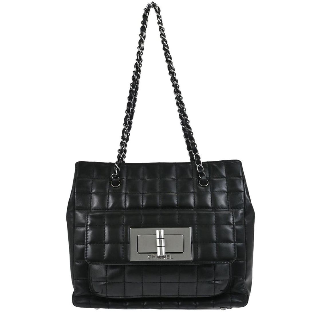 CHANEL Choco Bar top handle bag black lambskin turn lock: CHANEL Choco Bar top handle bag black lambskin turn lock Chanel Choco Bar tote handbag in black lambskin leather with a Mademoiselle turn-lock closure and quilted finish. This small top handle style f