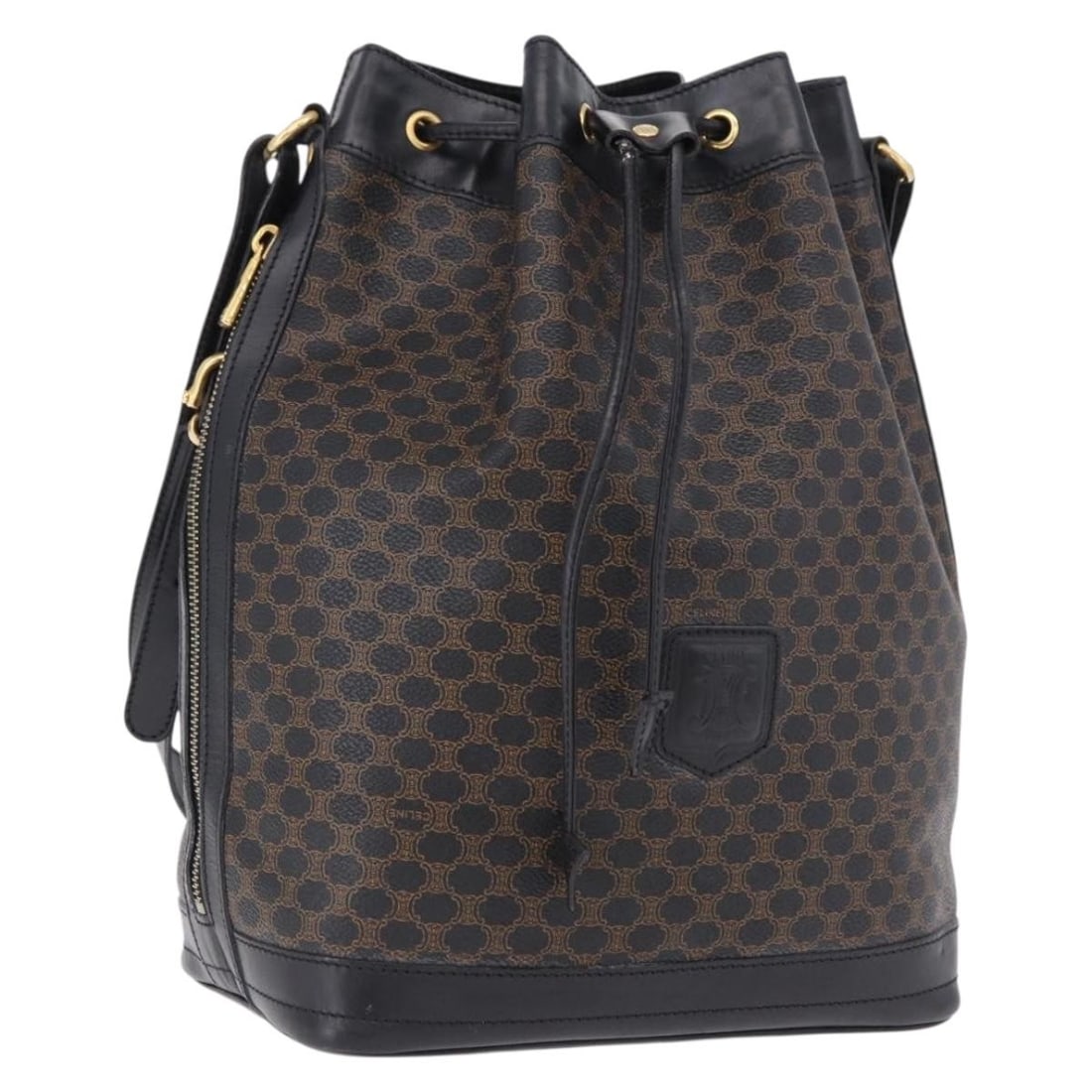 CELINE Macadam PVC Leather Mini Shoulder Bag Black Gold Italy: CELINE Macadam PVC Leather Mini Shoulder Bag Black Gold Italy Compact CELINE shoulder bag in Macadam canvas with PVC leather trim and a black and gold colorway. Made in Italy, this women's bag include