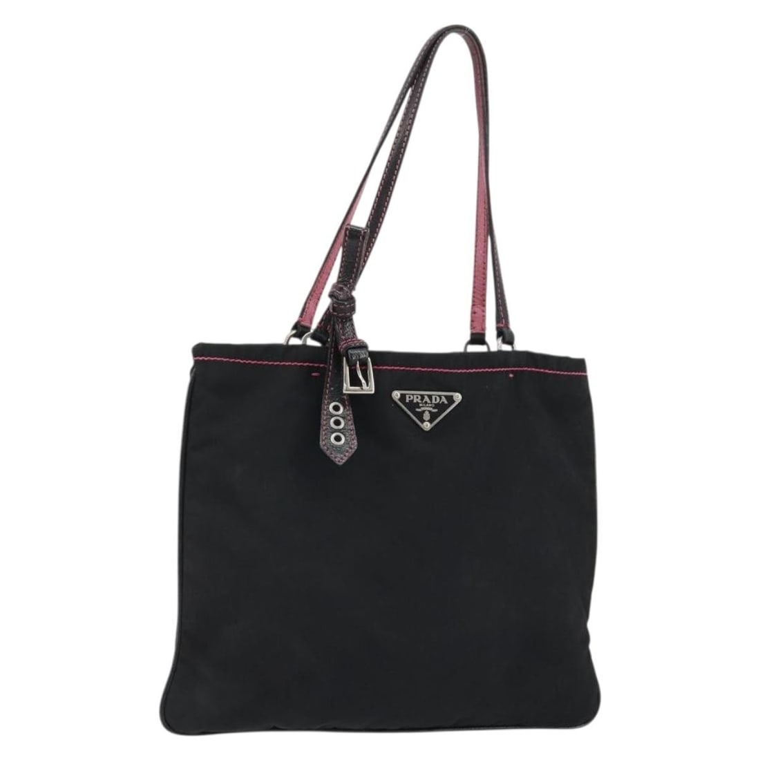 Prada Nylon Hand Bag Black Silver Tone with Guarantee Card: Prada Nylon Hand Bag Black Silver Tone with Guarantee Card Authentic Prada women's hand bag in black nylon with silver-tone accents. Made in Italy, this bag includes the guarantee card. Condition is h