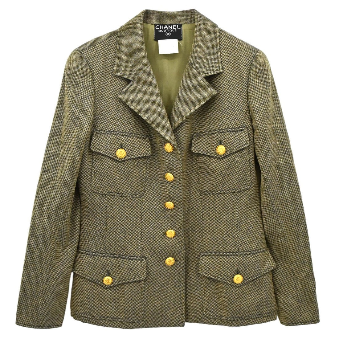 CHANEL Khaki Tweed Single Breasted Women's Jacket Size 42: CHANEL Khaki Tweed Single Breasted Women's Jacket Size 42 Vintage Chanel single-breasted tweed jacket in khaki. This women's mid-length jacket features a button front, long sleeves, and four exterior 