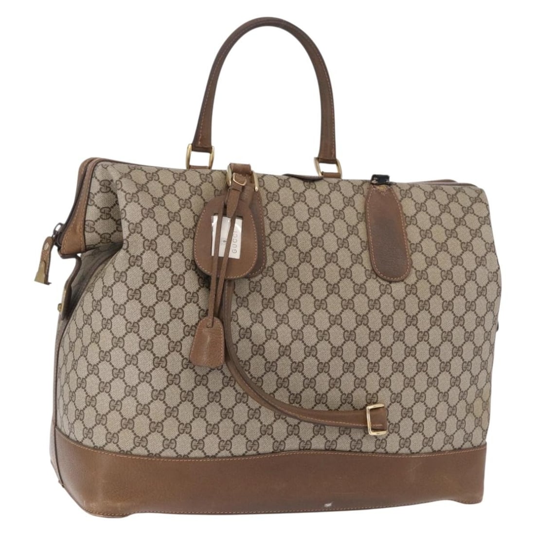 Gucci Boston Bag GG Supreme PVC Leather Beige Gold Name Tag: Gucci Boston Bag GG Supreme PVC Leather Beige Gold Name Tag Authentic Gucci GG Supreme Boston bag in beige and gold PVC leather with GG canvas. This women's bag includes a name tag and was made in Ita