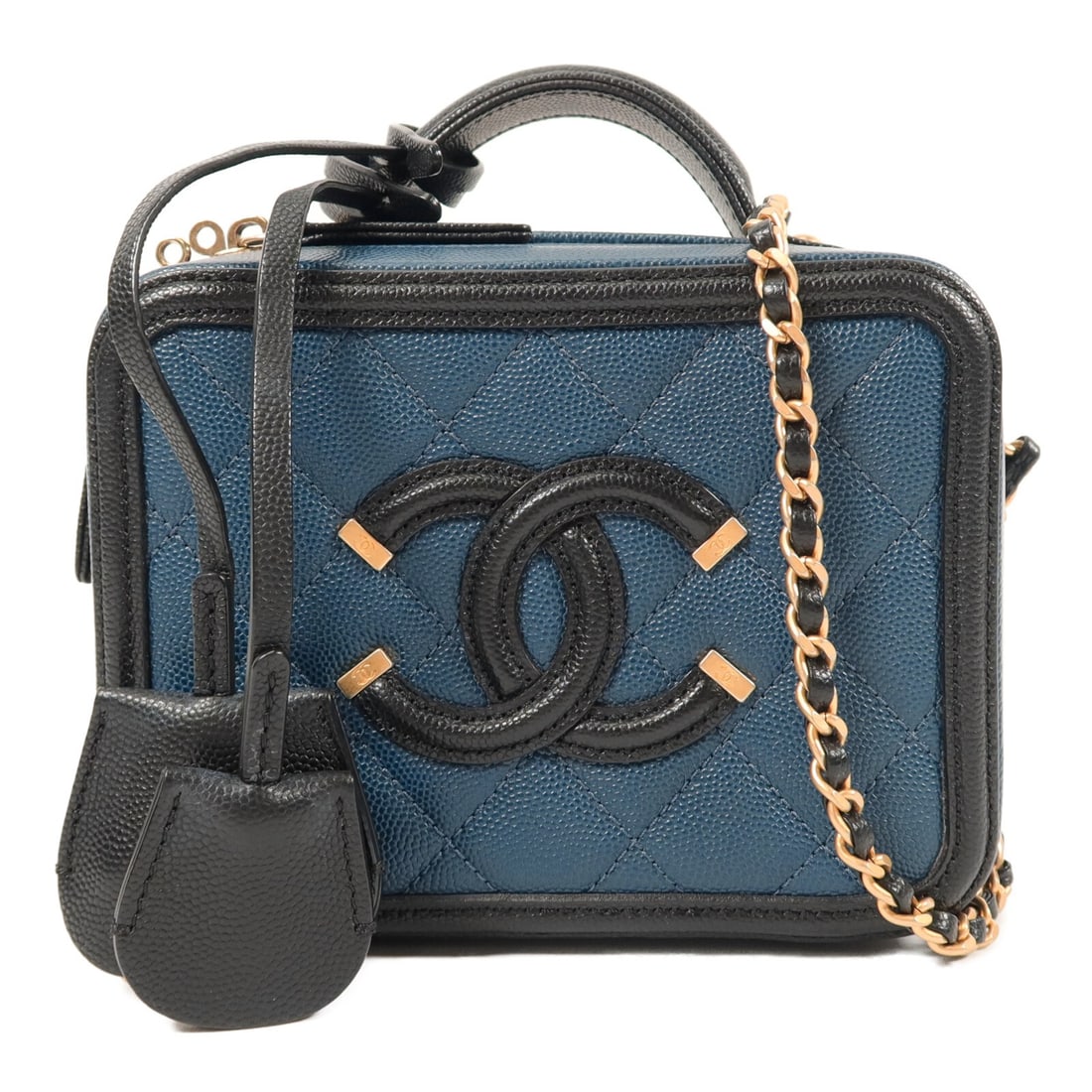 CHANEL Filigree Vanity Case 2way Shoulder Bag Calfskin Navy Black: CHANEL Filigree Vanity Case 2way Shoulder Bag Calfskin Navy Black Small Chanel Filigree vanity case in calfskin leather with a navy and black color combination. This women's 2-way shoulder bag feature