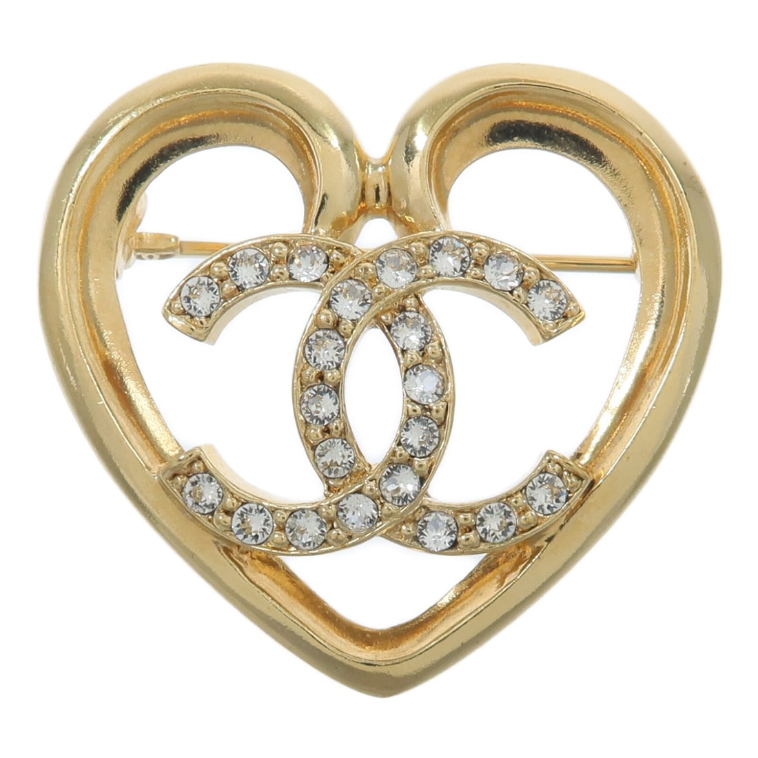 CHANEL CC Gold Tone Metal Brooch 35mm x 37mm: CHANEL CC Gold Tone Metal Brooch 35mm x 37mm CHANEL CC brooch in gold-tone metal with clear accents. Made in France, this women's brooch features the iconic CC motif and comes without accessories. Con