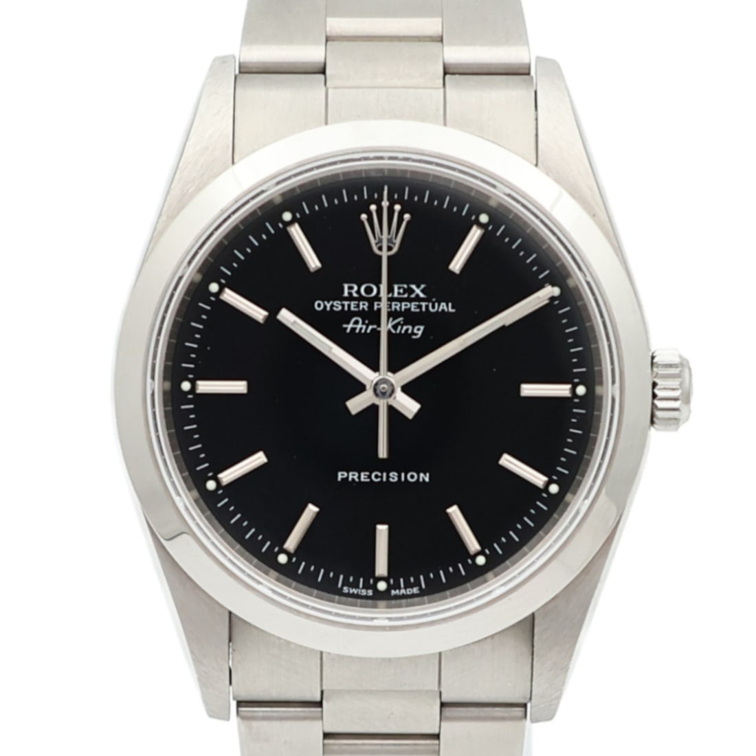 ROLEX 14000M Air King automatic stainless steel wristwatch black dial: ROLEX 14000M Air King automatic stainless steel wristwatch black dial ROLEX Air King Automatic Watch 14000M in stainless steel with a black dial and black frame color. This men's wristwatch features a