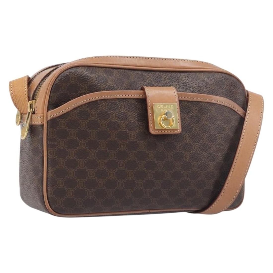 CELINE Macadam PVC Leather Shoulder Bag Brown Gold Italy: CELINE Macadam PVC Leather Shoulder Bag Brown Gold Italy Celine Macadam shoulder bag in brown PVC leather and Macadam canvas with gold-tone accents. Made in Italy, this women's shoulder bag features a