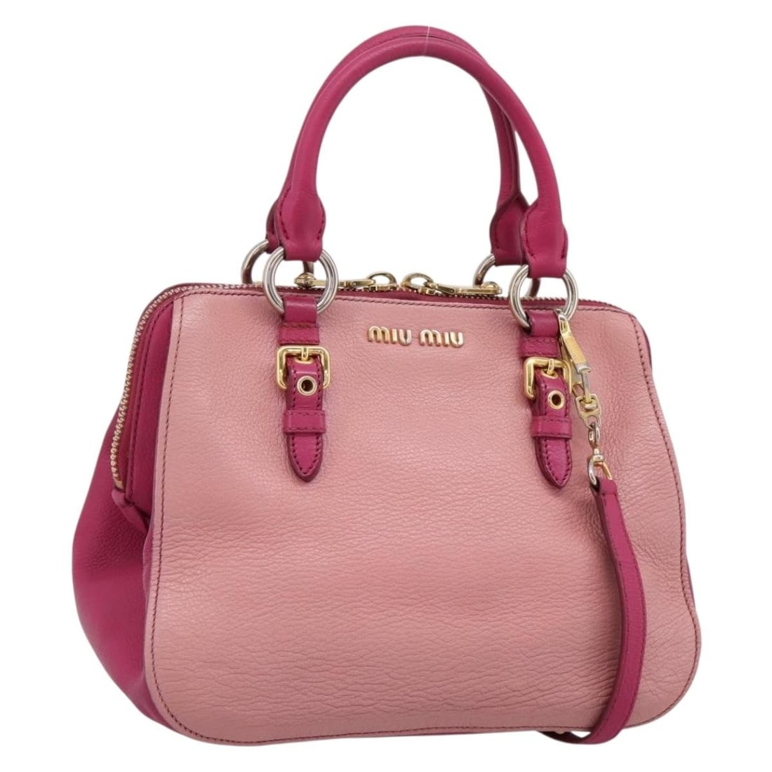 Miu Miu 2way Leather Handbag Pink Gold with Shoulder Strap: Miu Miu 2way Leather Handbag Pink Gold with Shoulder Strap Miu Miu 2-way handbag in pink and gold leather with top handles and a detachable shoulder strap. Made in Turkey, this women's bag has been re