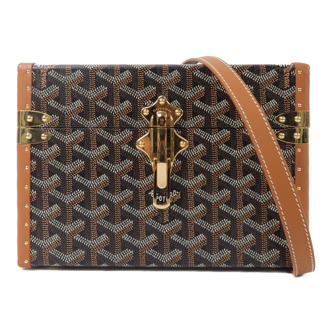 GOYARD Sac Malle Cassette PM Brown Shoulder Bag Calfskin Coated Canvas: GOYARD Sac Malle Cassette PM Brown Shoulder Bag Calfskin Coated Canvas Goyard Sac Malle Cassette PM shoulder bag in brown, crafted from calfskin (cowhide) and PVC coated canvas. It features a shoulder
