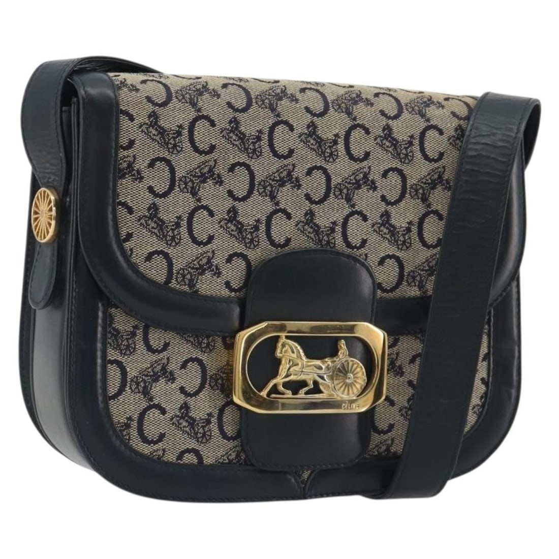 CELINE C Sulky canvas shoulder bag black and gold: CELINE C Sulky canvas shoulder bag black and gold Celine C Sulky shoulder bag in black canvas with gold-tone accents. This women's shoulder bag is made in Italy and shows heavy use, including shape lo